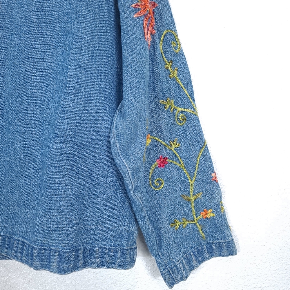 Tantrums Blue Denim Button-Down Jacket with Orange & Red Floral Embroidery - Picture 12 of 13